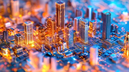 Poster - A Miniature Cityscape With Interconnected Structures Illuminated by Glowing Lines
