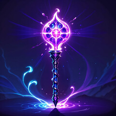 A magical staff with a glowing purple and blue orb at the top, emitting light and surrounded by swirling energy, set against a dark purple background.