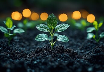 Poster - A Single Green Sprout Emerging From Dark Soil With Blurred Golden Lights in the Background