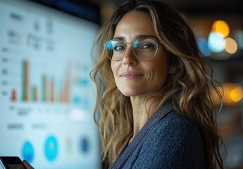 Poster - A Woman in Glasses Looking at Data on a Screen