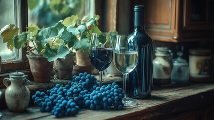 Wall Mural - a bottle of red wine, a glass of red wine, a glass of white wine, and a bunch of grapes on a wooden 