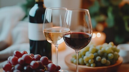 A bottle of wine, two glasses, and grapes on a table.