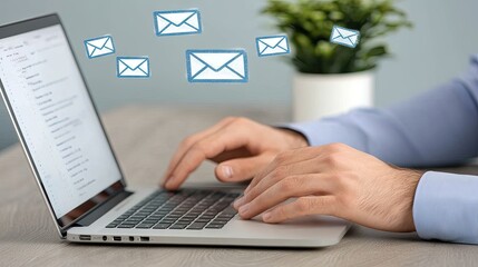 Poster - A person's hands are actively typing on a laptop while virtual email icons hover above the screen in a contemporary office setting