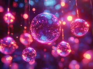 Poster - Suspended Shiny Spheres with Colorful Reflections and Bokeh Lights