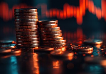 Poster - Stacks of Gold Coins with a Blurred Red Background