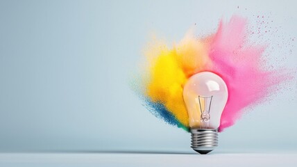 Poster - Light bulb with colorful powder explosion against a soft blue background.