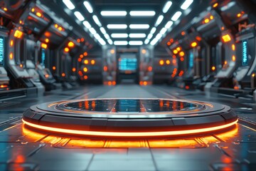 Poster - Glowing Circular Platform in a Futuristic Corridor