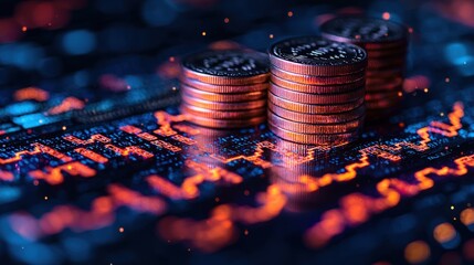 Poster - Stacks of Coins on a Circuit Board with Glowing Orange and Blue Lights