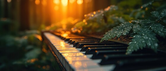 Aufkleber - A Piano Abandoned in the Forest, Sunbeams Gleaming on Its Keys