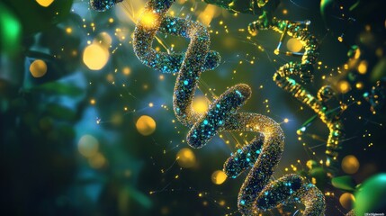 Poster - Glittering Double Helix DNA Strand with Bokeh Background