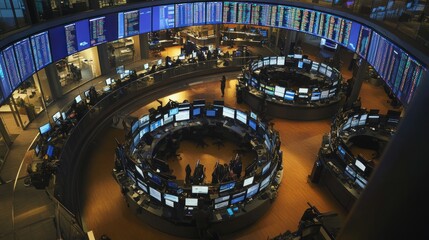 Poster - A high-angle view of a modern office space with multiple computer monitors displaying data and graphs.