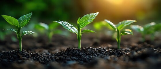 Poster - Dew-Covered Seedlings Emerging from Rich Soil in Warm Sunlight