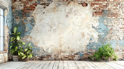 A Weathered Brick Wall with a Window, Plants, and a Wooden Floor