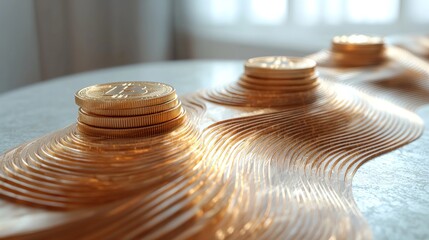 Poster - Golden Bitcoin Coins on a Wavy Surface