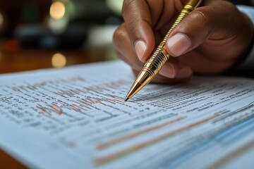 Leinwandbilder - Hand Holding a Gold Pen Over a Document with Lines and Numbers
