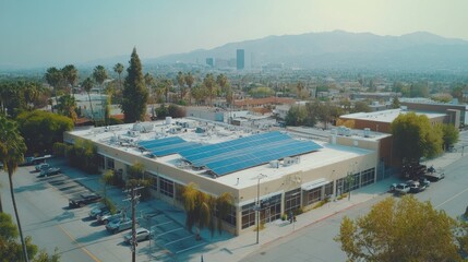 Poster - Aerial View of a Building with Solar Panels on the Roof in a City with Mountainous Background