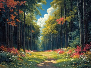 Poster - A Sunlit Path Through a Colorful Forest
