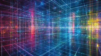 Aufkleber - Abstract Digital Grid with Vibrant Neon Lines and Glowing Particles