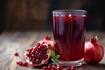 Wall Mural - Pomegranate juice in a glass with fresh pomegranate seeds on a wooden table