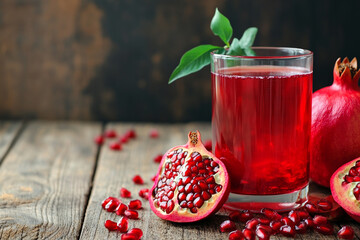 Wall Mural - Pomegranate juice in a glass with fresh pomegranate seeds on a wooden table