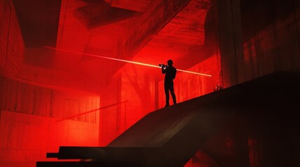 Poster - A Silhouetted Figure in a Red-Lit Concrete Maze