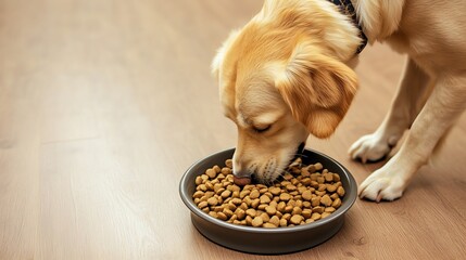 Dog eating from its bowl on wooden floor