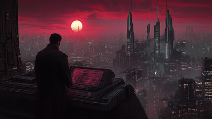 A lone figure overlooks a futuristic cityscape drenched in crimson light as the sun sets, evoking a cyberpunk atmosphere