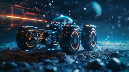 Poster - Futuristic rover with glowing wheels exploring a rocky alien planet surface at night, with holographic data display in the background, showcasing advanced space exploration technology