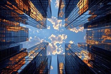 Aufkleber - A Low Angle View of Modern Glass Buildings Reflecting a Cloudy Sky