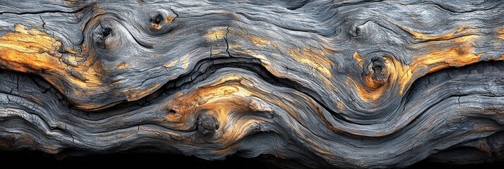 Poster - Close-up of Wavy, Burnt Wood Grain with Knots and Cracks
