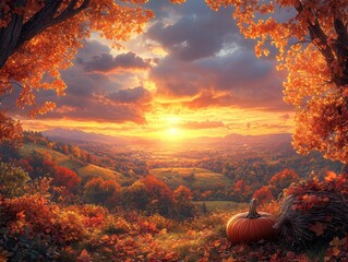 Poster - Golden Sunset Over Autumnal Landscape with Pumpkin