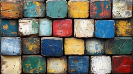 A colorful and textured wall made of wooden blocks.