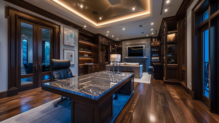 Aufkleber - luxurious home office with a marble desk, dark wood flooring, and ambient lighting, designed for sty