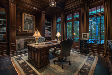 Poster - Luxurious home office with a marble desk, dark wood flooring, and ambient lighting, designed for style and productivity. interior 