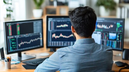 Poster - Man Analyzing Stock Market Data on Multiple Monitors