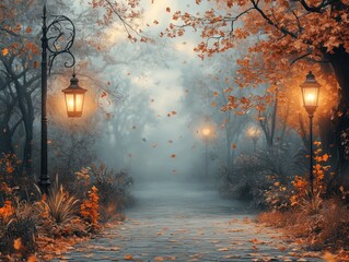 Poster - Illuminated Path Through Autumnal Forest with Streetlights
