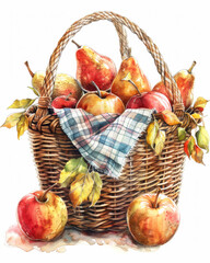 Wall Mural - Autumn-themed basket of apples and pears with a plaid cloth and scattered leaves