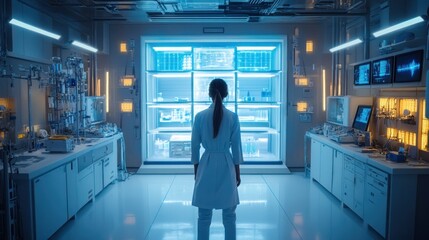Leinwandbilder - A Female Scientist Stands in a Modern Laboratory with a Large Glass Display Cabinet Filled with Vials