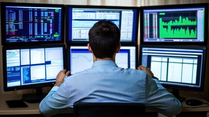 Poster - A man analyzes data on multiple computer screens