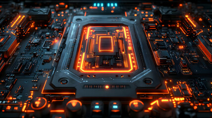 Poster - Close-up of a futuristic circuit board with glowing orange and blue lights, showcasing advanced technology.