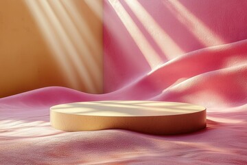 Poster - Abstract Minimalist Scene with Golden Platform and Wavy Pink Surface