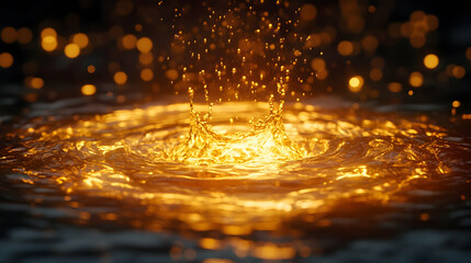 Poster - Dynamic splash creating ripples in golden water, highlighted by shimmering light particles.