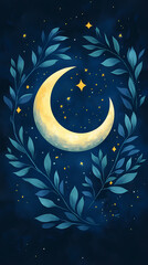 Poster - Moon and stars, green leaves, pastel colors, a cute style, fantasy elements, celestial elements, crescent moons, and starry skies.
