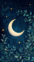 Poster - Moon and stars, green leaves, pastel colors, a cute style, fantasy elements, celestial elements, crescent moons, and starry skies.