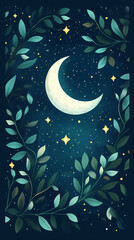 Poster - Moon and stars, green leaves, pastel colors, a cute style, fantasy elements, celestial elements, crescent moons, and starry skies.