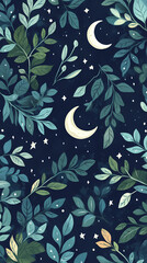 Poster - Moon and stars, green leaves, pastel colors, a cute style, fantasy elements, celestial elements, crescent moons, and starry skies.