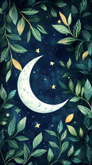 Poster - Moon and stars, green leaves, pastel colors, a cute style, fantasy elements, celestial elements, crescent moons, and starry skies.