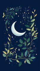 Poster - Moon and stars, green leaves, pastel colors, a cute style, fantasy elements, celestial elements, crescent moons, and starry skies.