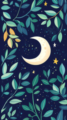 Poster - Moon and stars, green leaves, pastel colors, a cute style, fantasy elements, celestial elements, crescent moons, and starry skies.