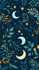 Poster - Moon and stars, green leaves, pastel colors, a cute style, fantasy elements, celestial elements, crescent moons, and starry skies.